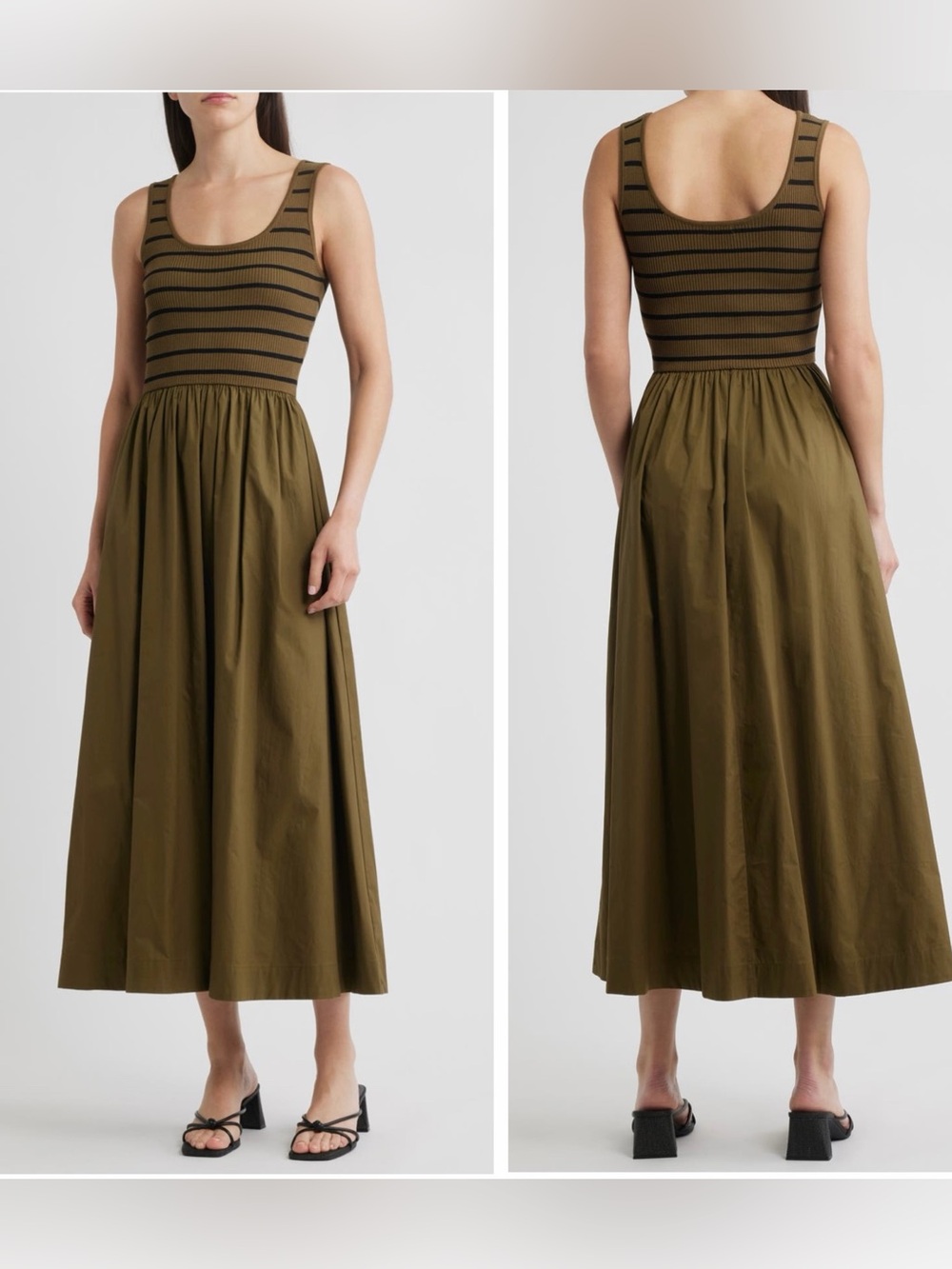 Moon River Stripe Mix Media Stretch Cotton Maxi Flowy Sleeveless Green Dress S